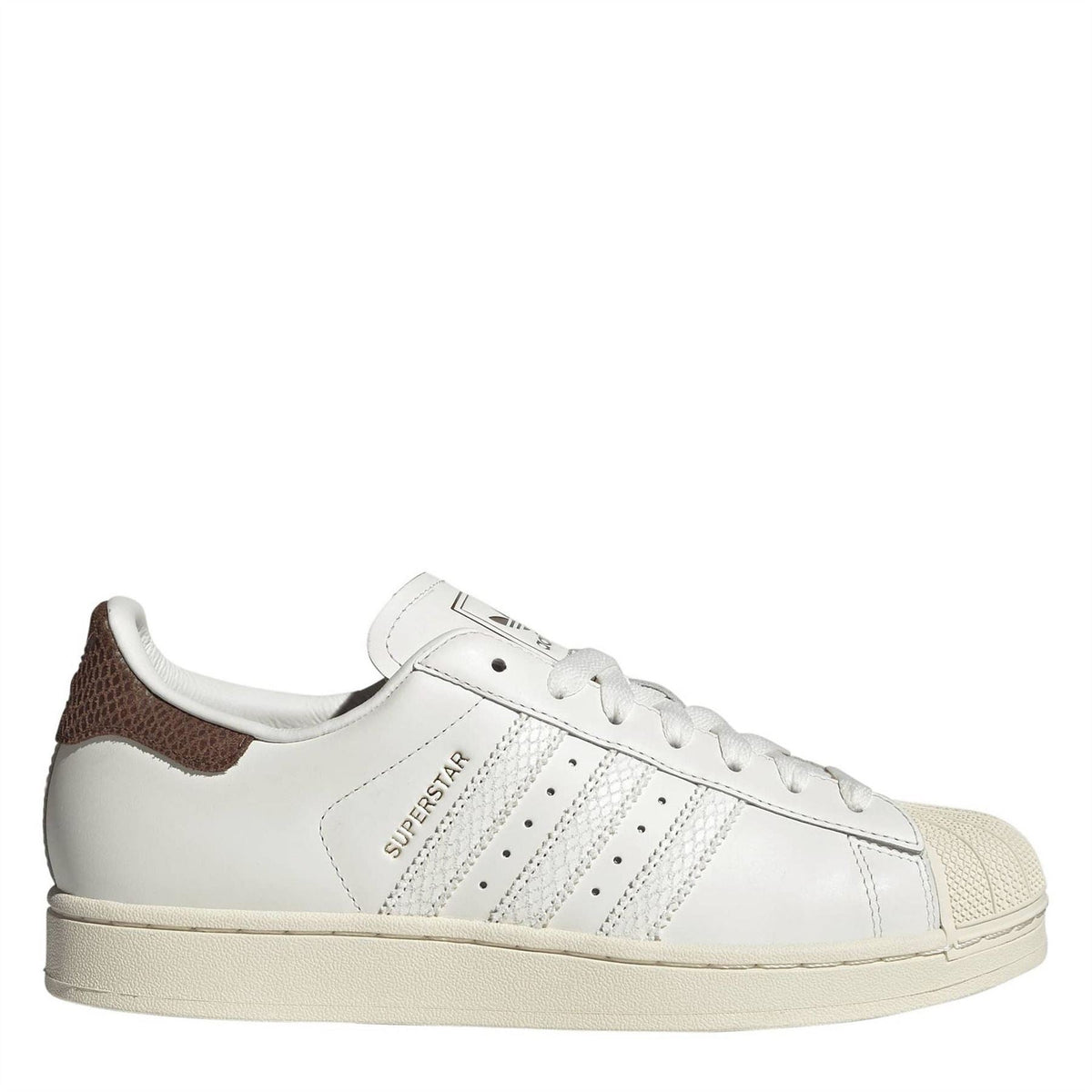 White adidas Superstar II sneakers with brown heel tab, three stripes, and lace-up front.