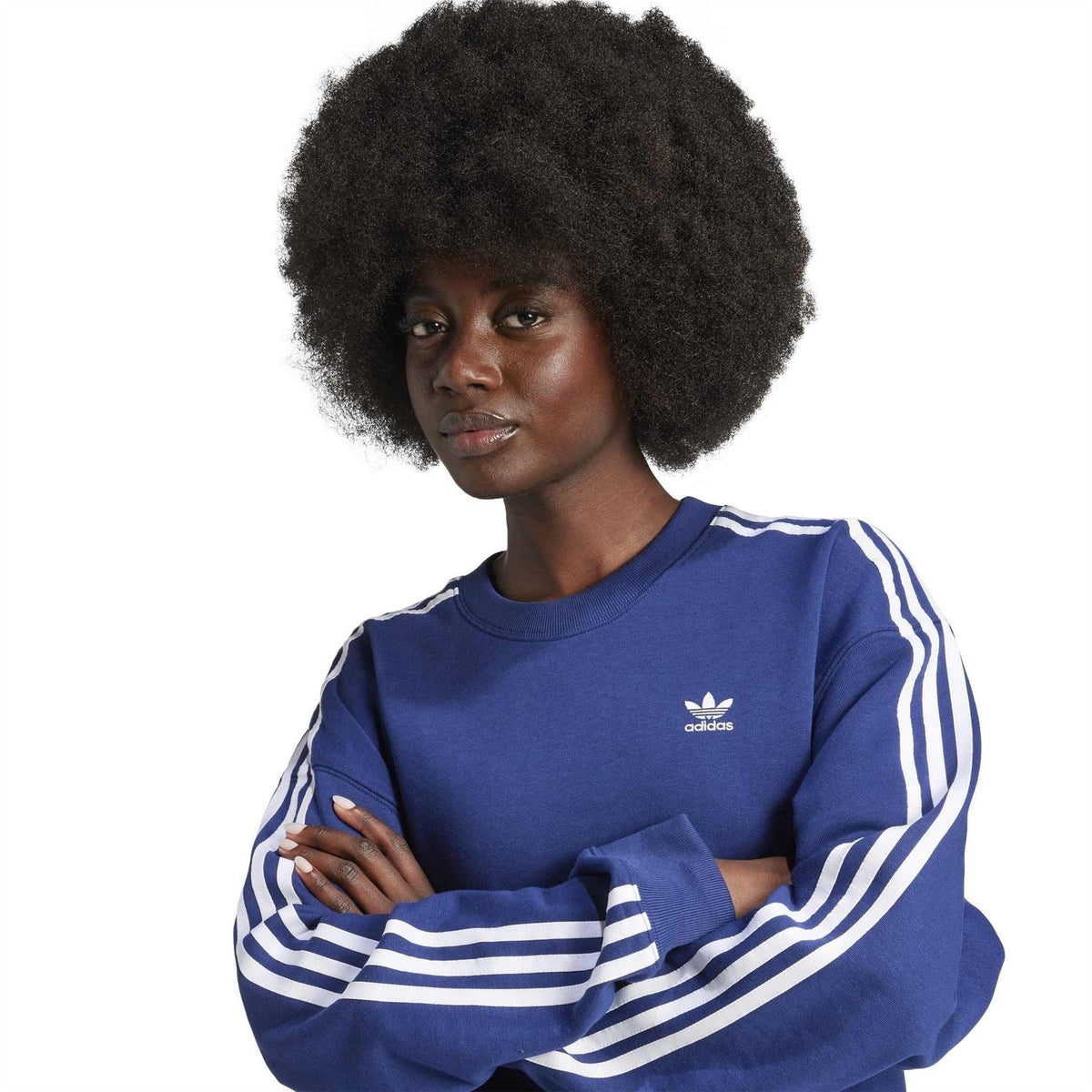 adidas Originals 3 Stripes crew neck long sleeve sweatshirt with iconic stripes and ribbed cuffs, casual athletic style.