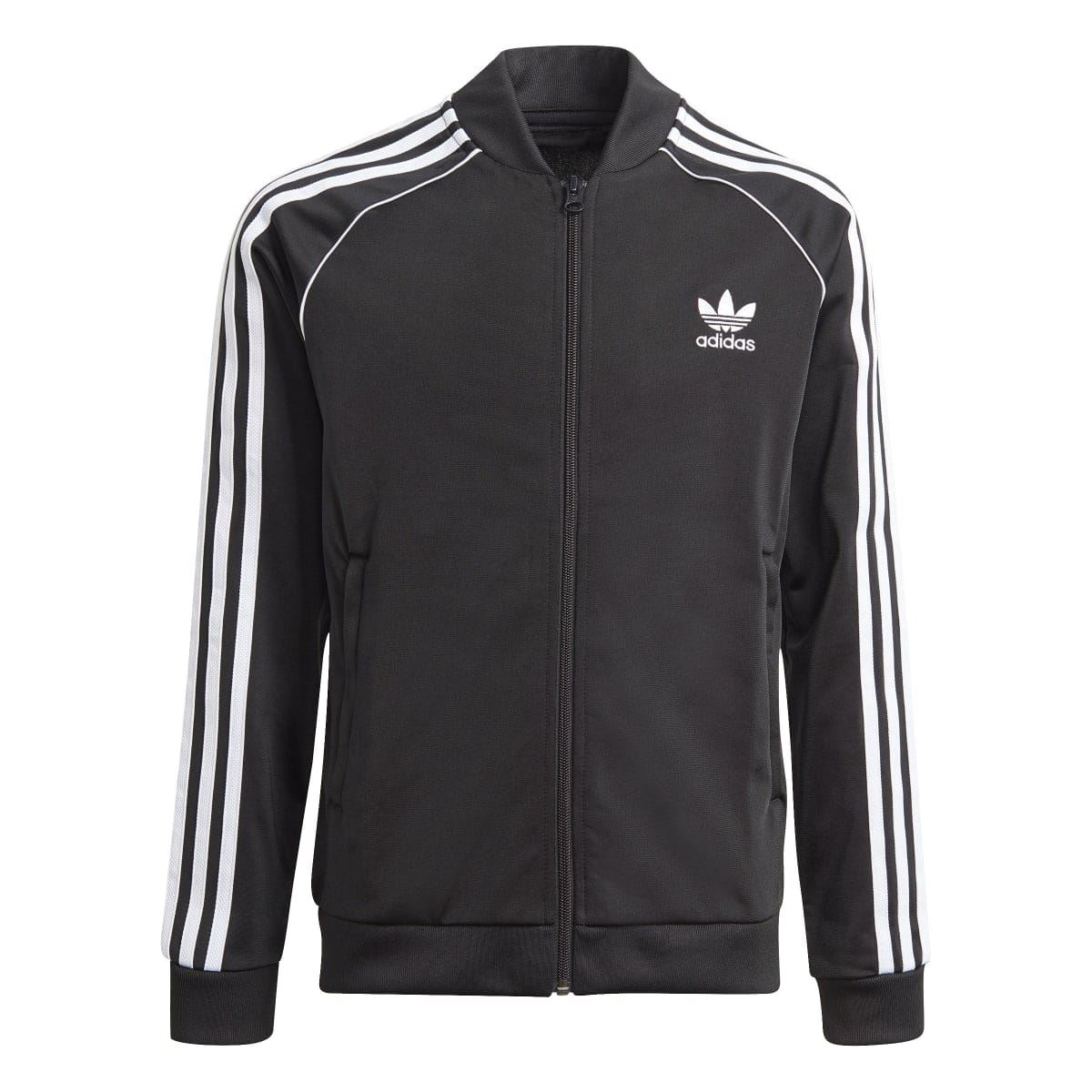 Black adidas track jacket for juniors with white triple stripe sleeves and zip front