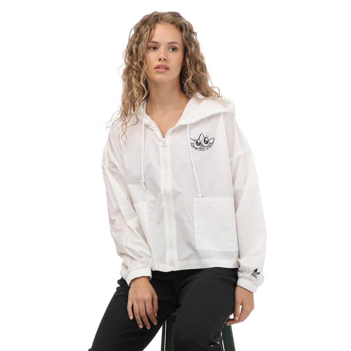 White windbreaker jacket with hood, full zip, and front chest logo