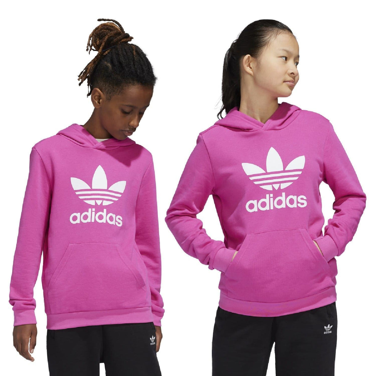 Pink junior trefoil hoodie with adidas trefoil logo and kangaroo pocket