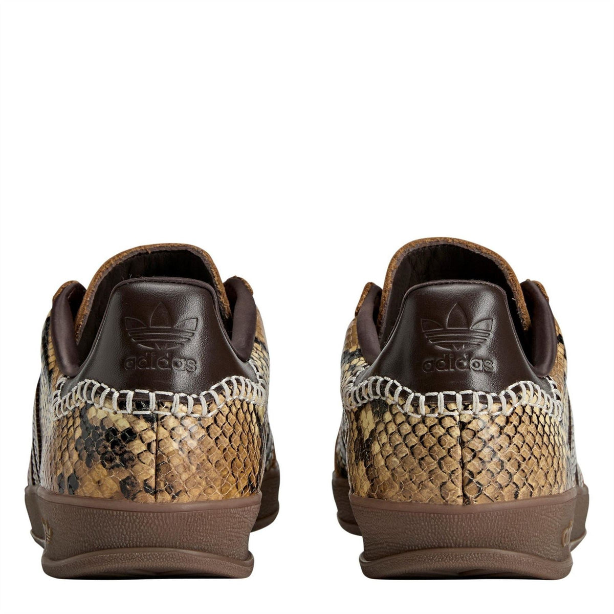 adidas Originals low-top trainers heel view, brown suede with snake-print trim