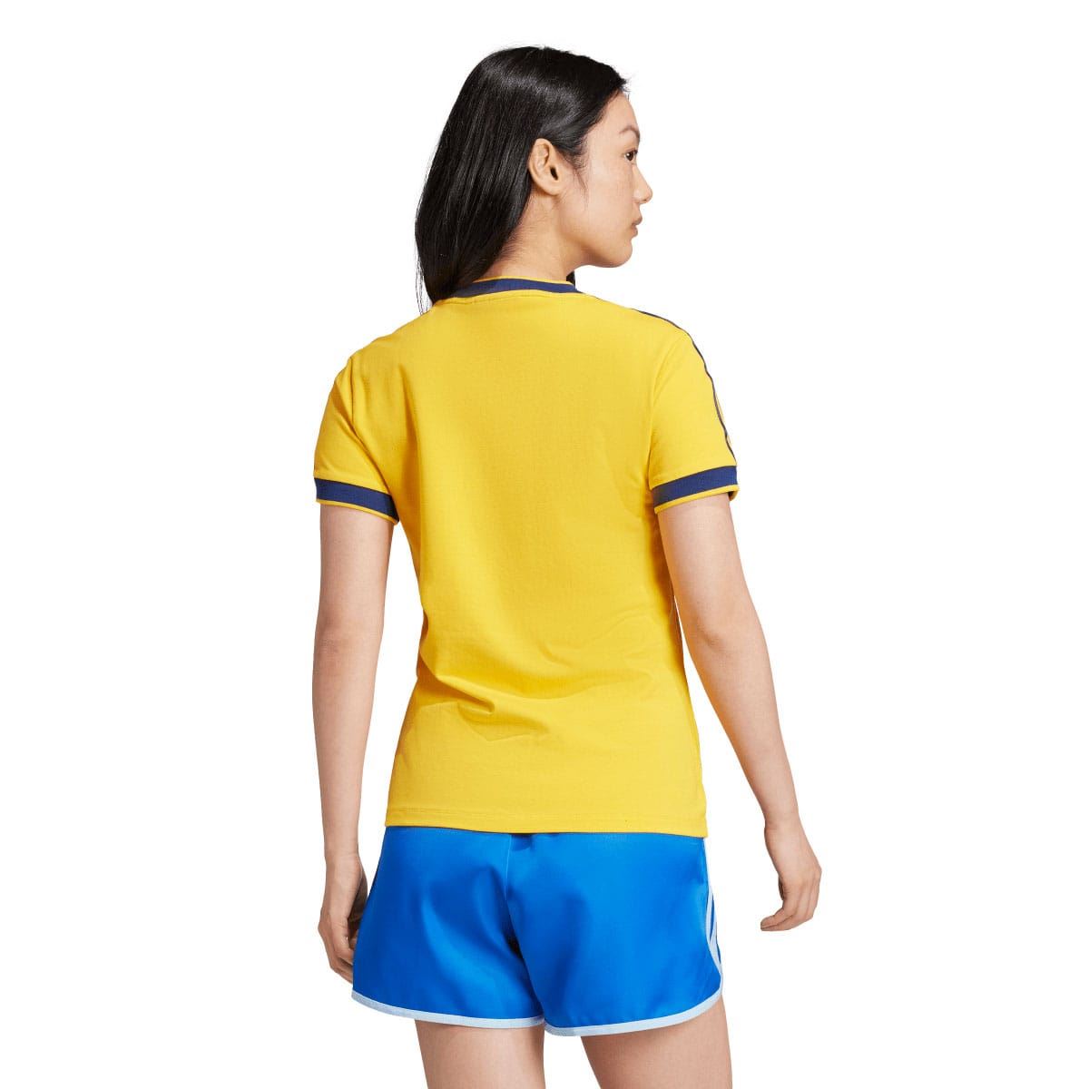 Yellow slim T-shirt back view with blue collar trim and sleeve stripe band detail.