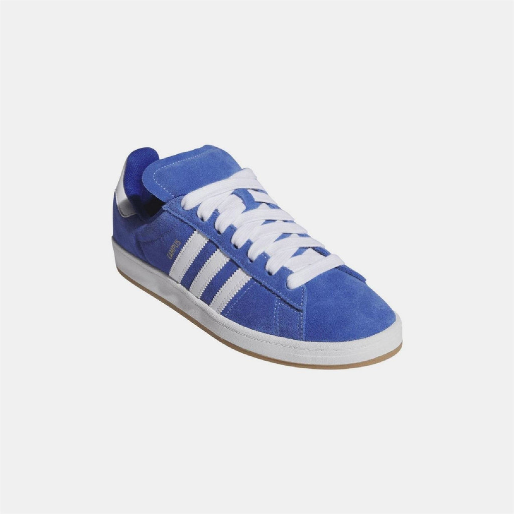 Blue adidas suede trainer with white laces and side logo detail