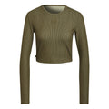 Olive cropped long-sleeve knit sweater with ribbed crew neck and slim fit