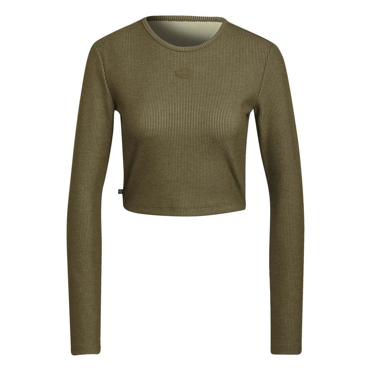 Olive cropped long-sleeve knit sweater with ribbed crew neck and slim fit