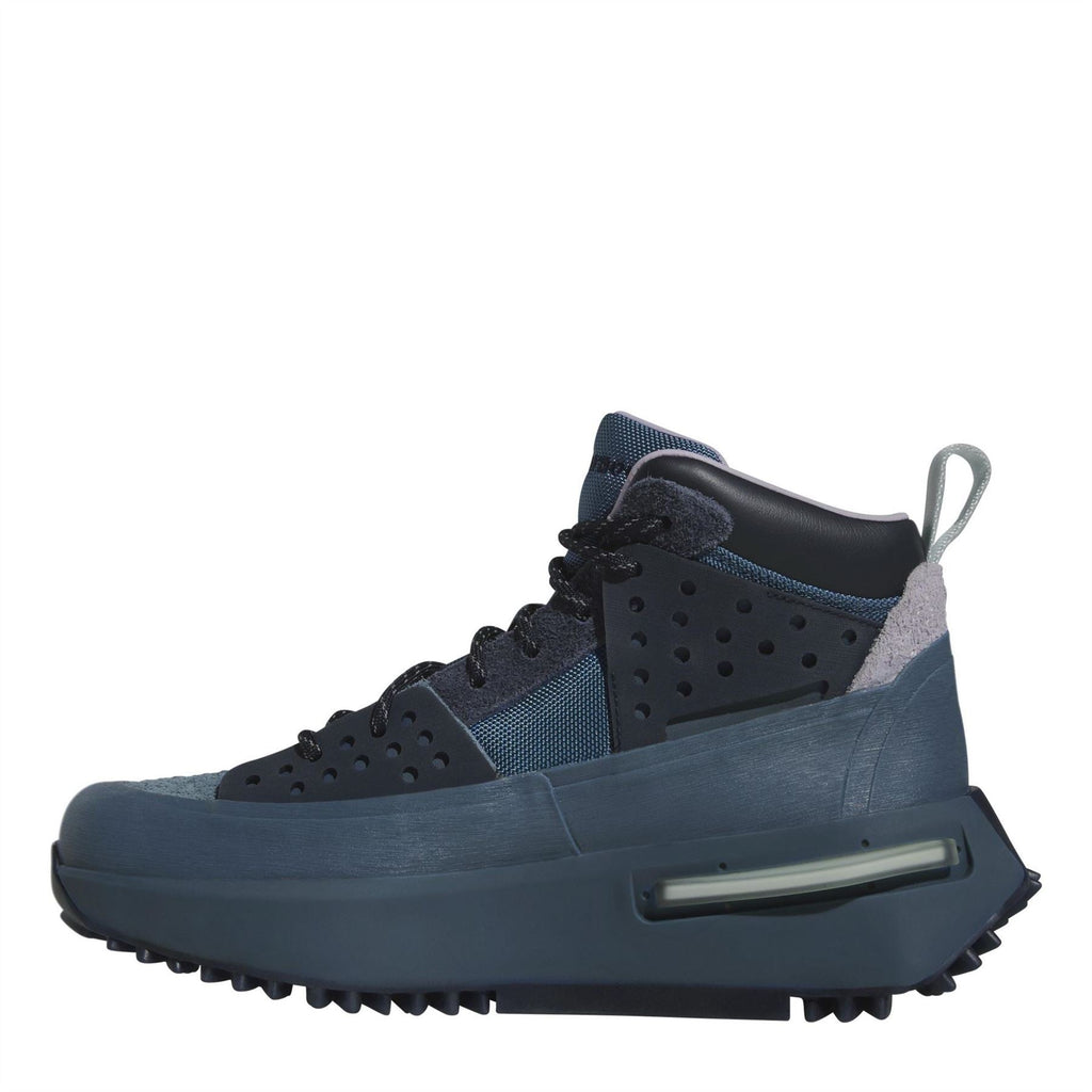 Altered Blue high-top sneaker with perforated panels, black laces, and side window sole
