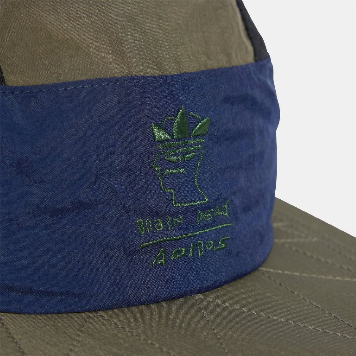 Cap side with embroidered green graphic on blue band and olive crown