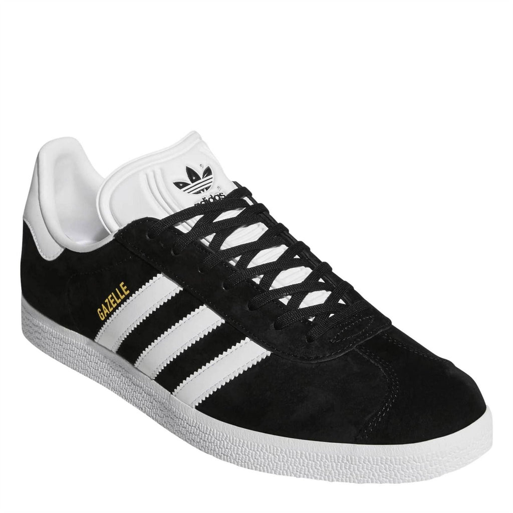 Adidas Gazelle JN64 suede sneakers, black laces with white stripes and gold Gazelle detail