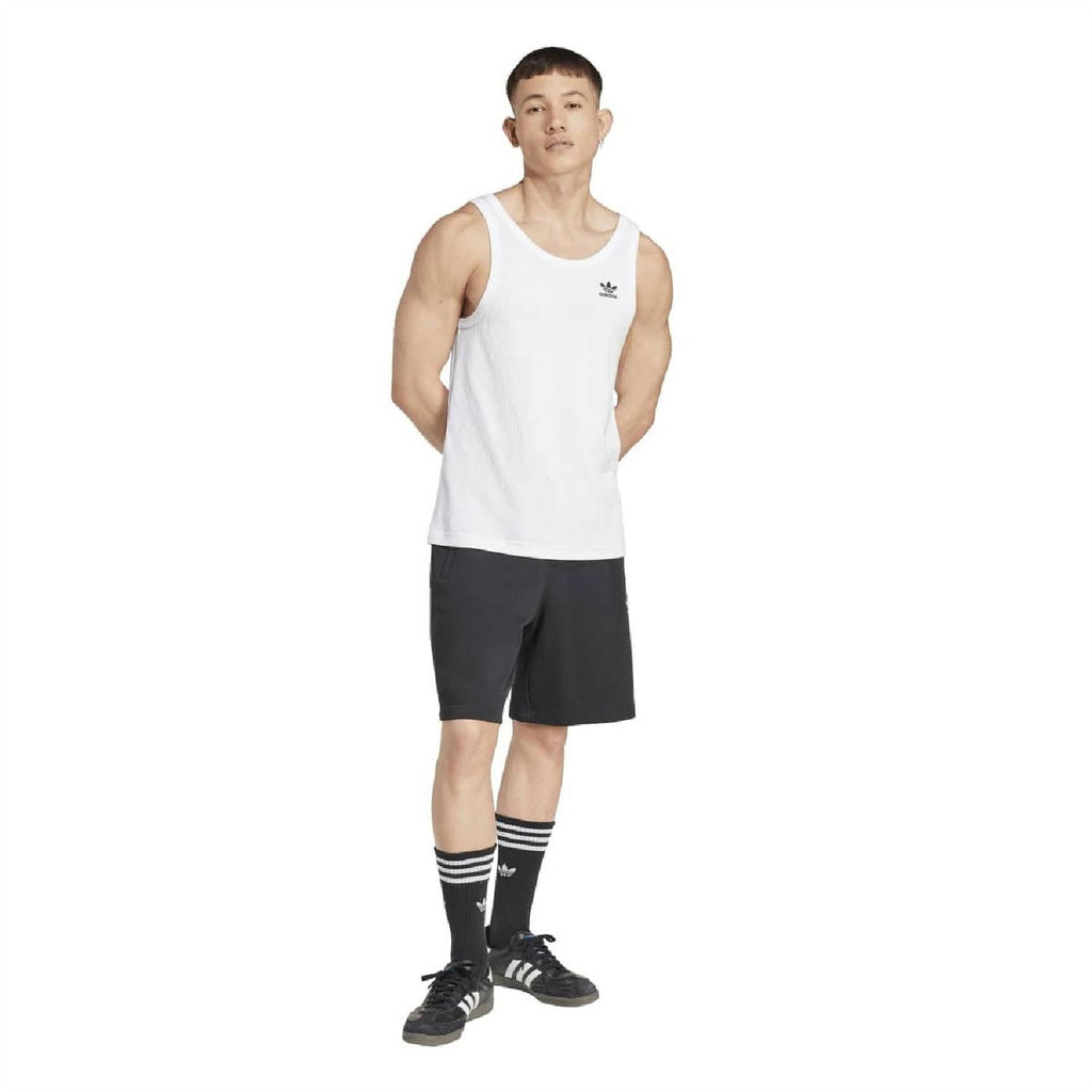 White sleeveless scoop-neck tank with adidas logo and hip-length hem