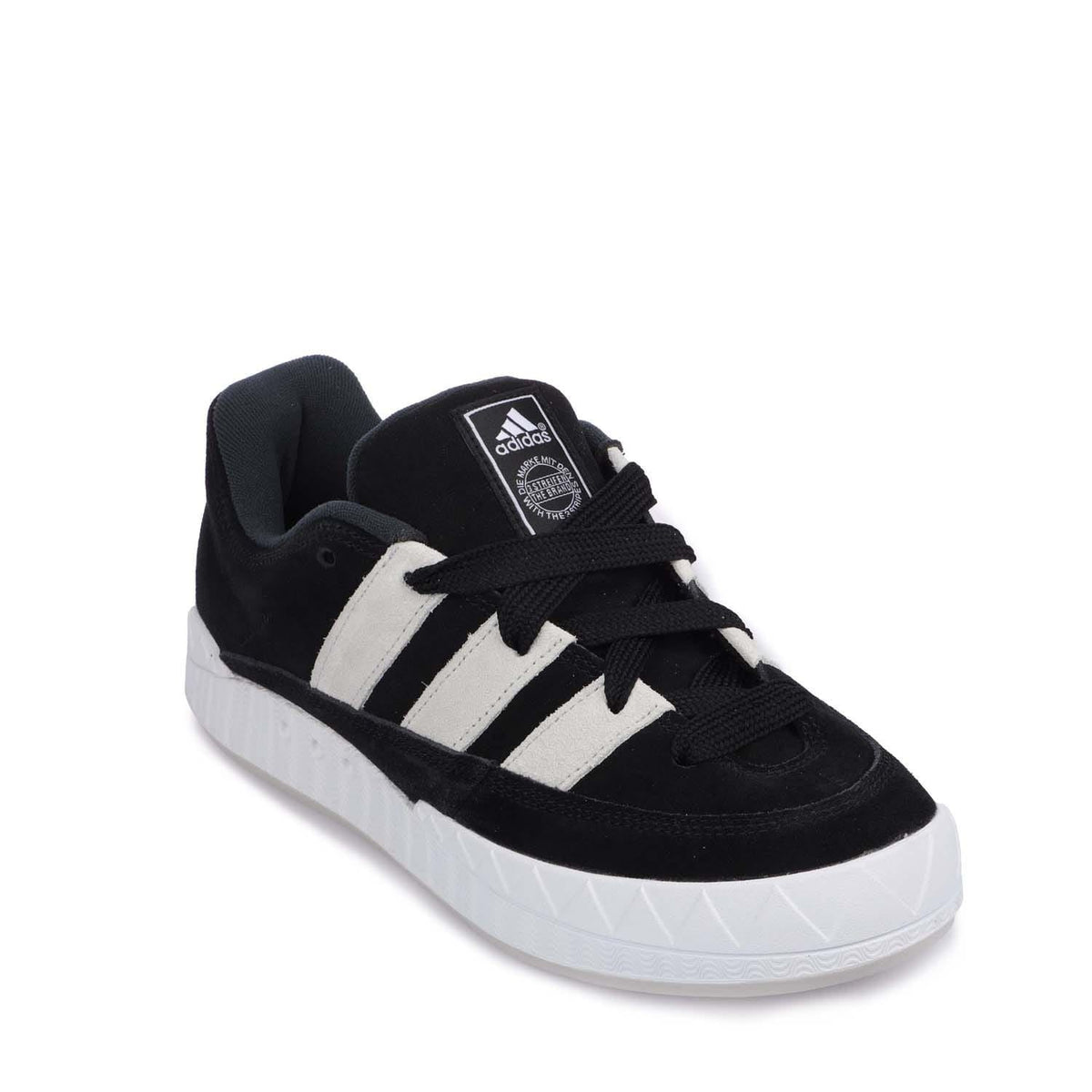 Black adidas Originals Adimatic trainers with white side stripes, lace-up front, white sole