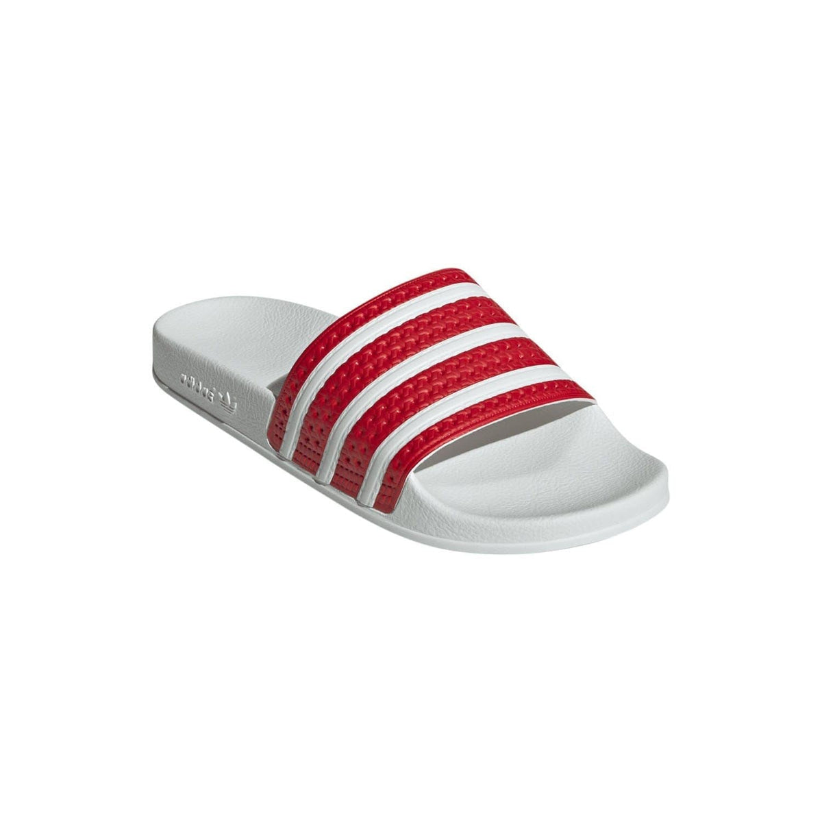 adidas Adilette slide sandals in red with white triple stripes and molded sole