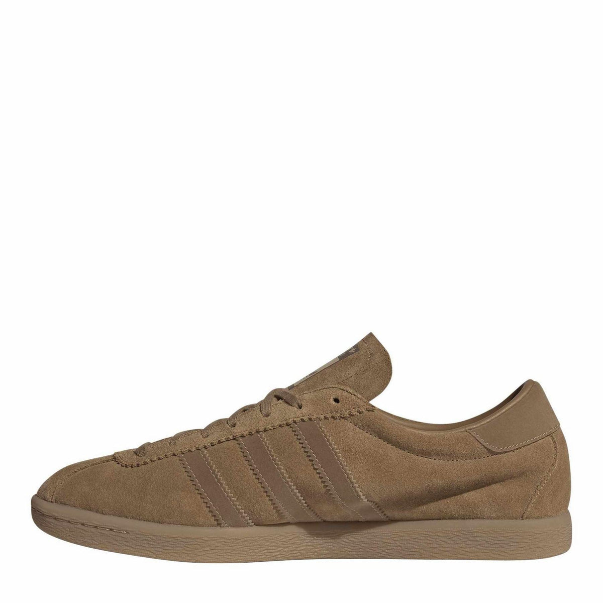 Tan adidas Originals trainer, low-top lace-up with three side stripes and rubber sole