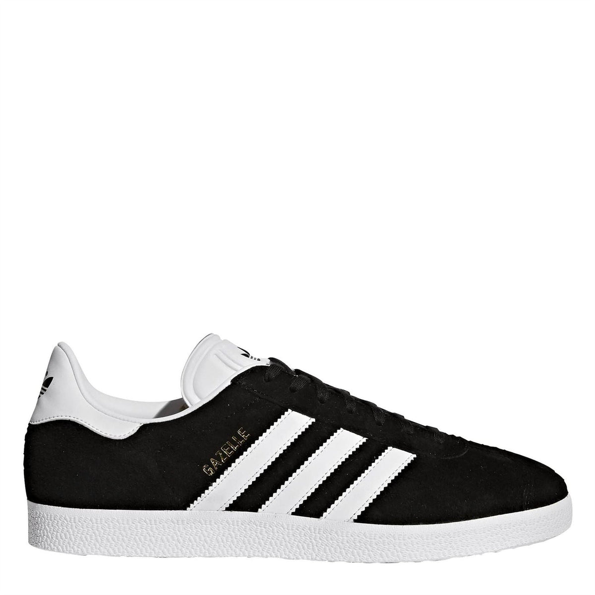 Adidas Gazelle JN64 suede sneakers, black upper with white stripes and white lace collar