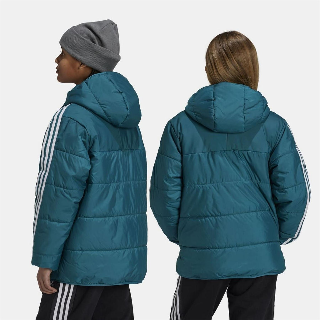 Teal junior padded jacket back view with white sleeve stripes and full zip