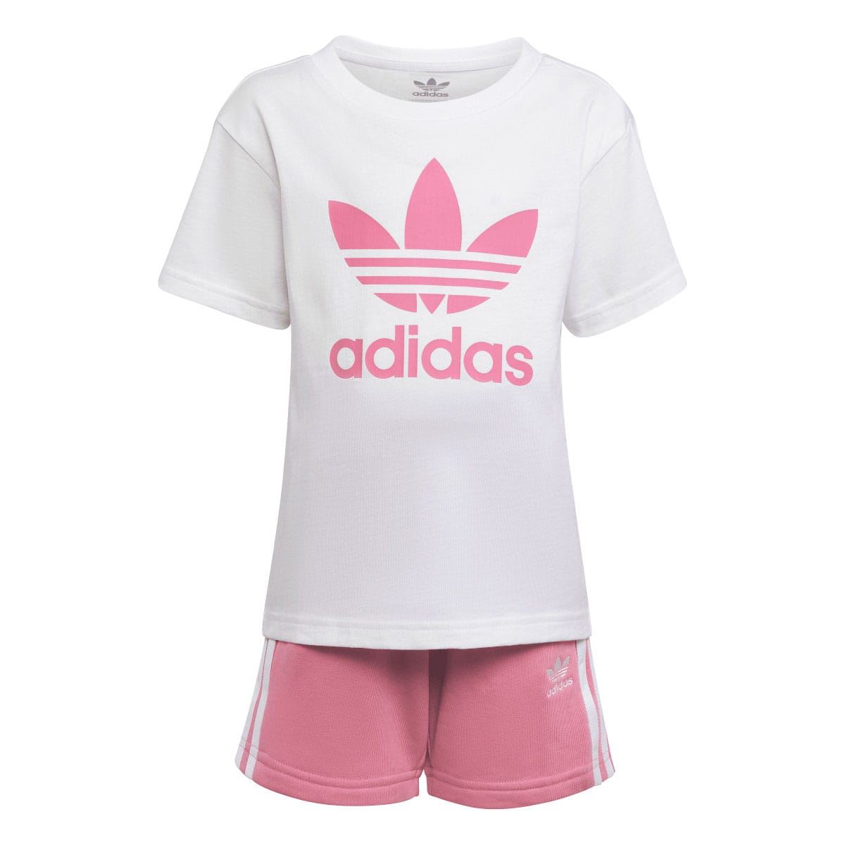 Kids adidas set: white T-shirt with pink trefoil logo and pink shorts