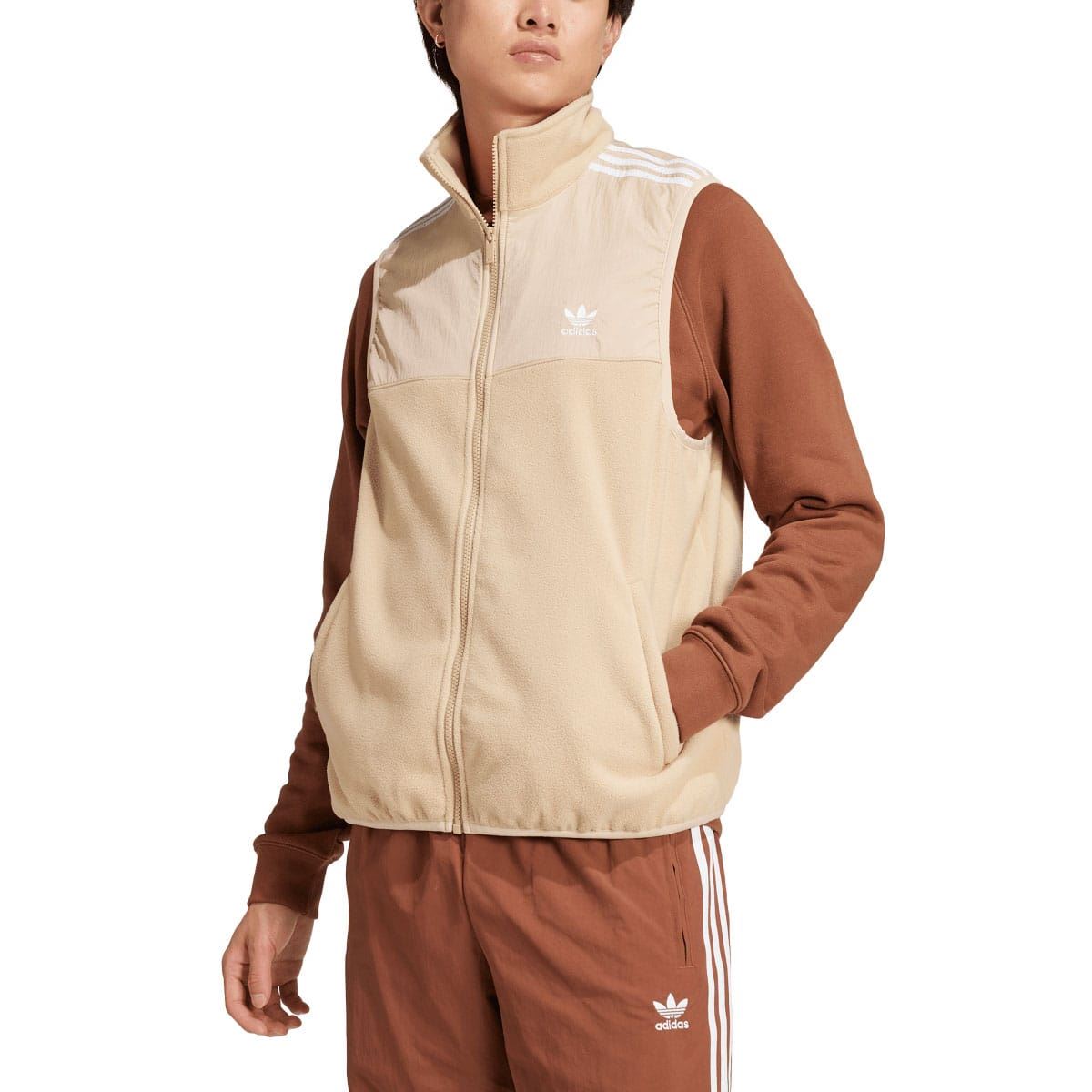 adidas Originals beige microfleece zip-up vest with raised collar and chest trefoil logo