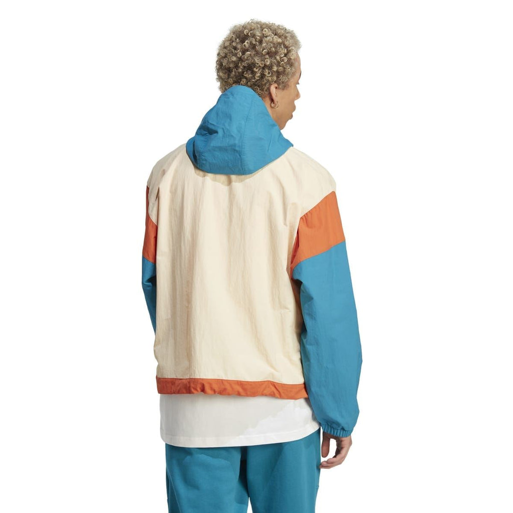adidas Originals windbreaker jacket, back view with hood and color-block panels