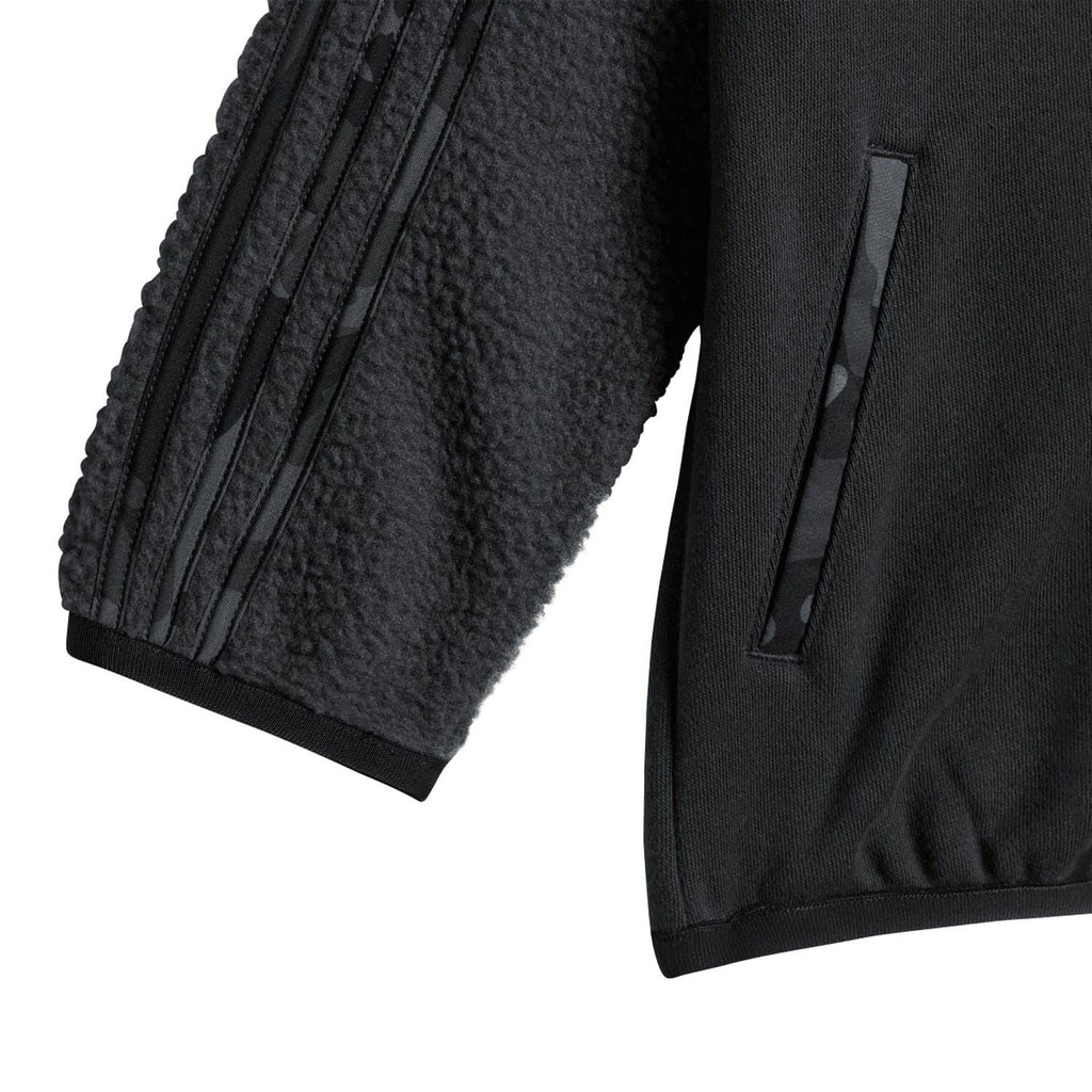 Infants polar fleece detail: dark grey jacket sleeve stripes and zipped pants