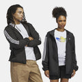 Black windbreaker jacket with hood, front zip, and three white sleeve stripes