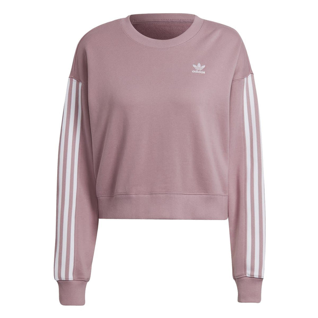Pink cropped sweatshirt with kangaroo pocket seam and striped sleeve detail