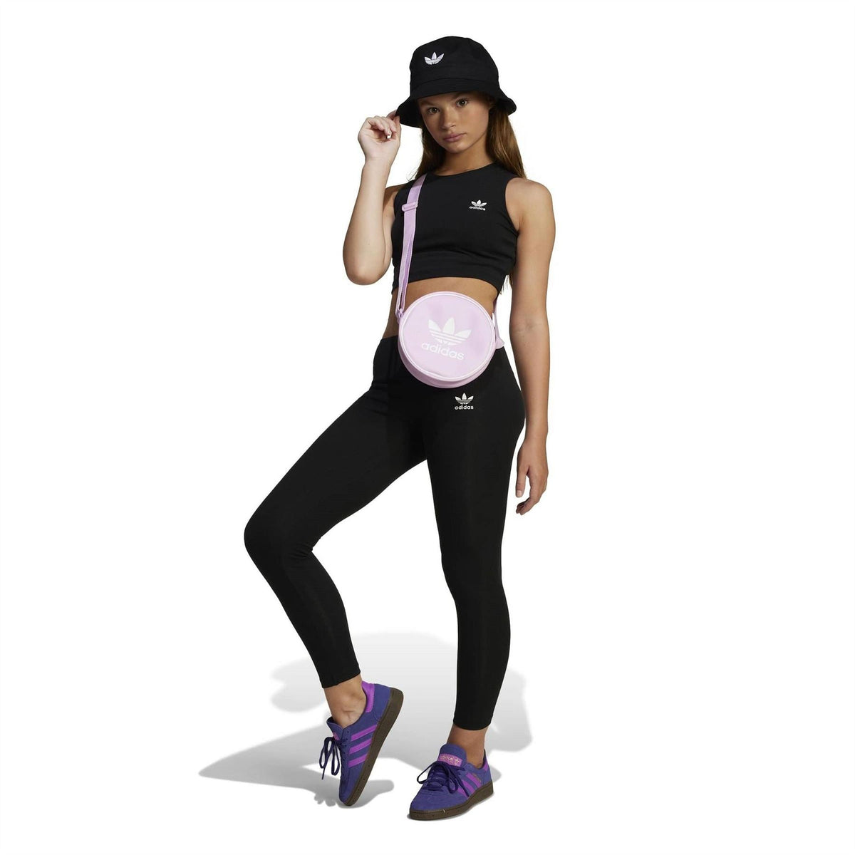 Black adidas Originals leggings with side stripe look and trefoil logo at thigh