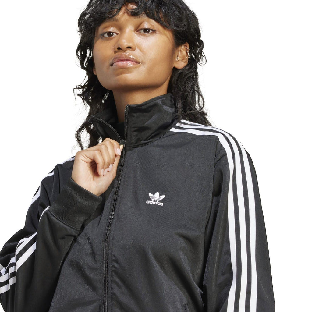 Black track jacket front zip with adidas logo and white triple stripe sleeve