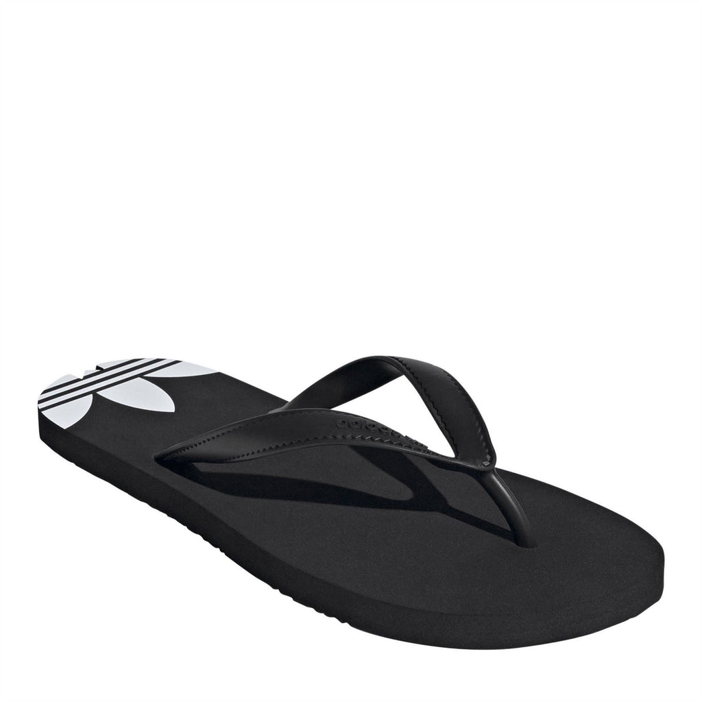 Black flip-flop sandal with white adidas emblem and single thong toe post strap
