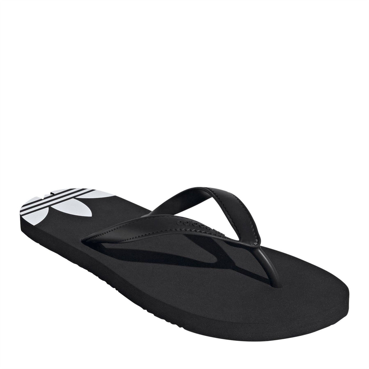 Black flip-flop sandal with white adidas emblem and single thong toe post strap