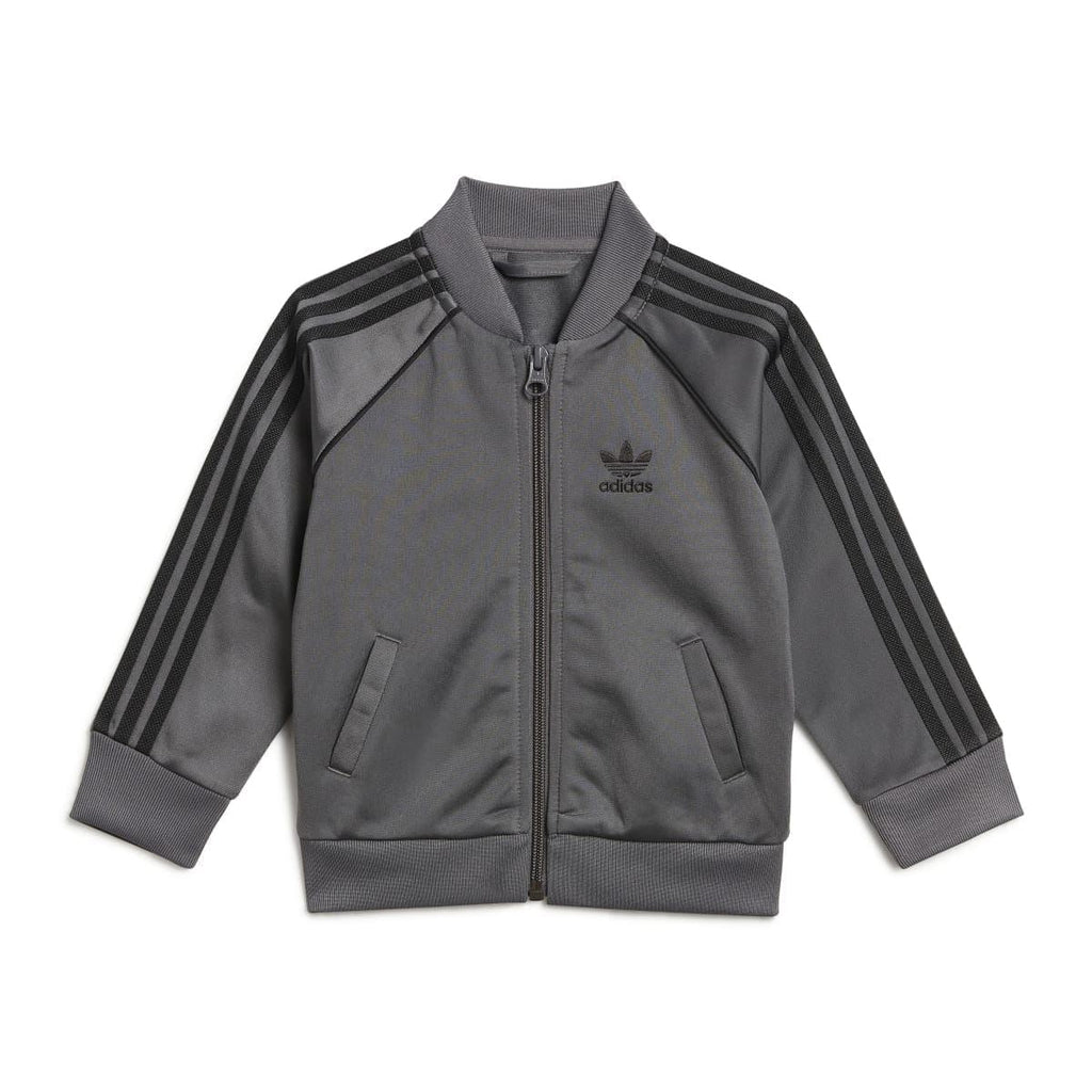 Grey adidas Originals infants zip-up track jacket with striped sleeves and chest logo