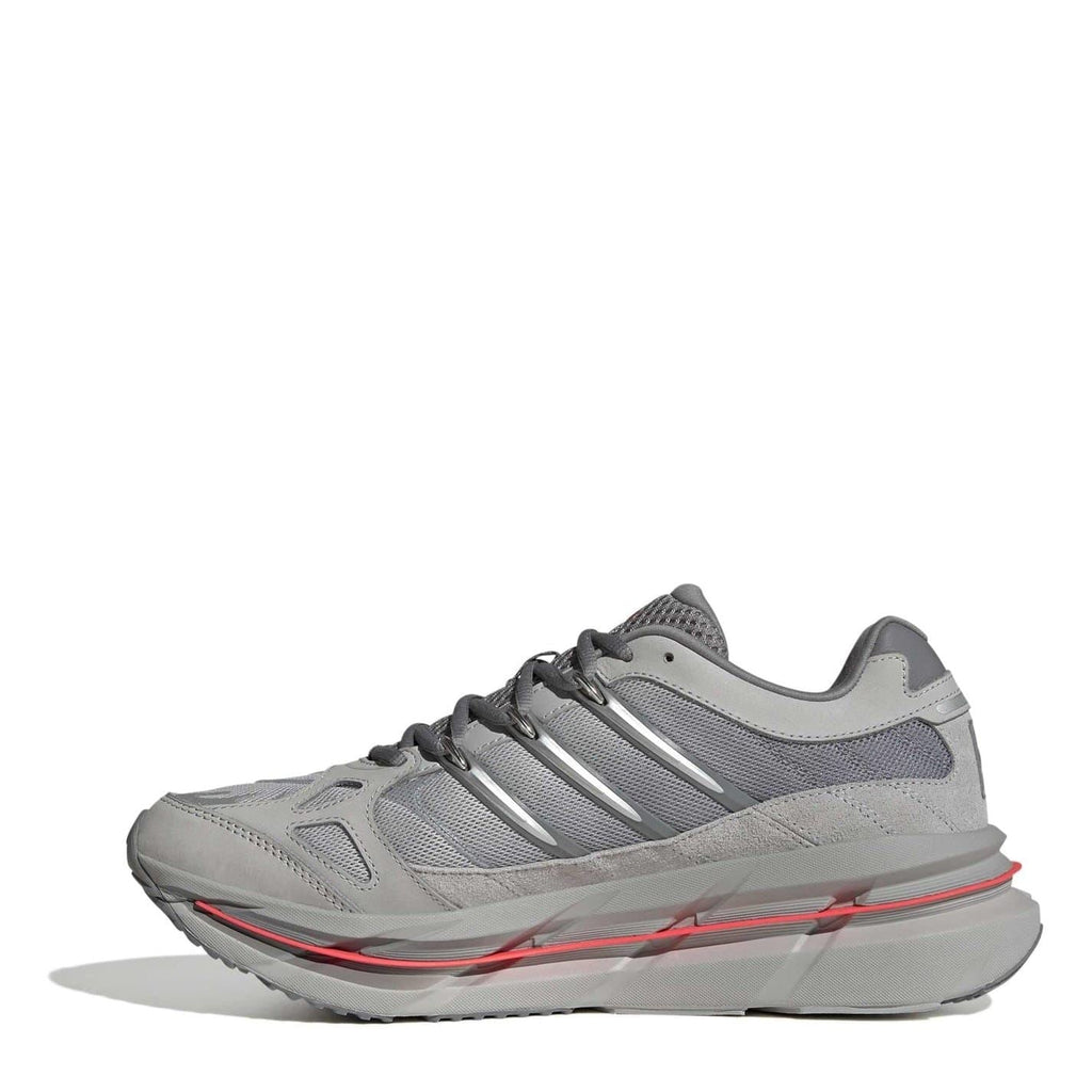 Dark grey low-top lace-up sneakers with 3 stripes and red-accented sole
