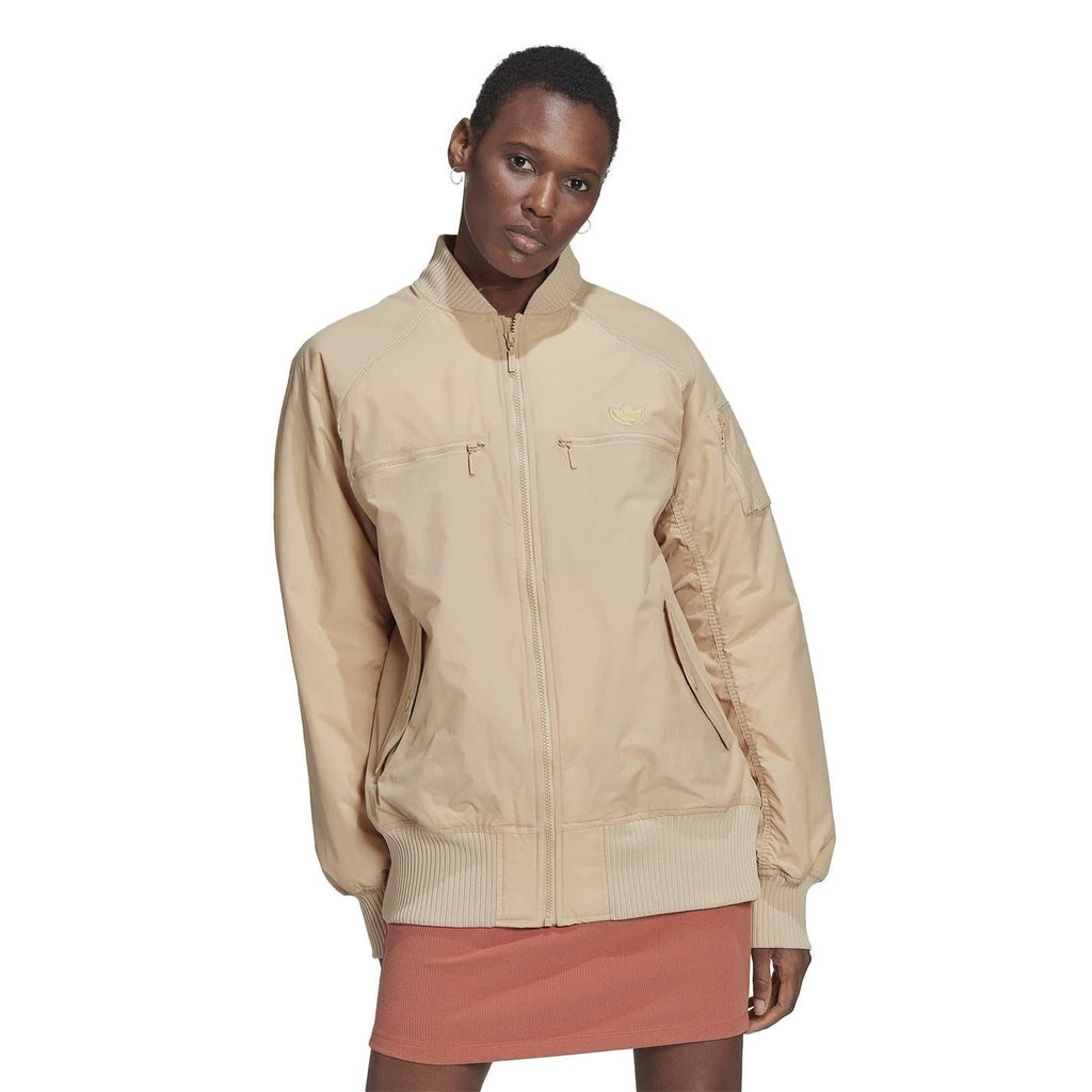 Beige bomber jacket with funnel neck and full zip, ribbed cuffs and hem.
