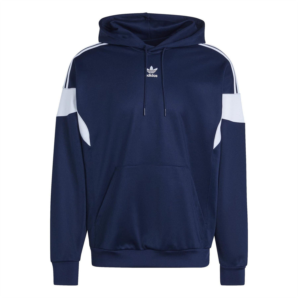 Navy pullover hooded sweatshirt with drawstring hood, kangaroo pocket, and white sleeve stripes