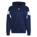 Navy pullover hooded sweatshirt with drawstring hood, kangaroo pocket, and white sleeve stripes