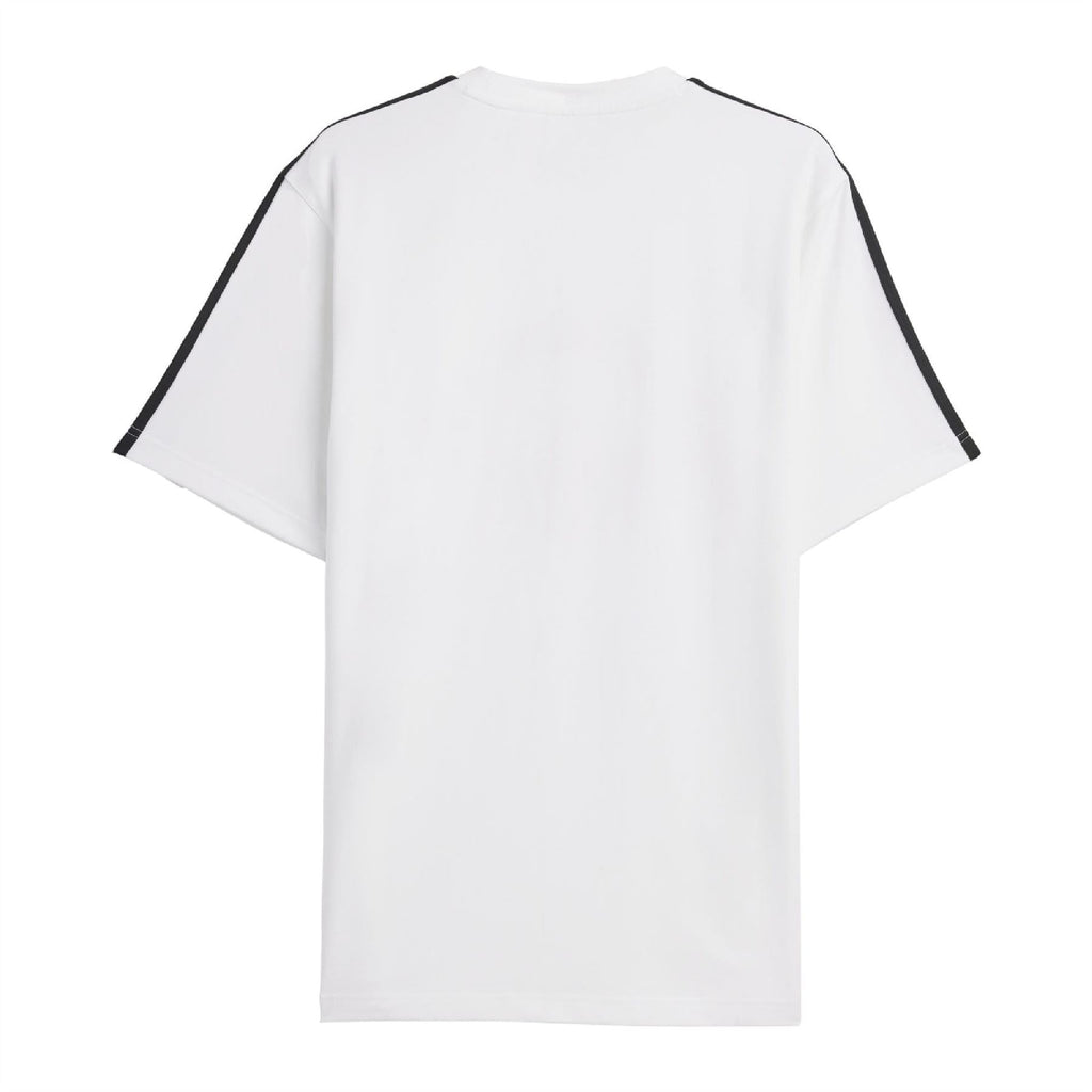 White adidas Originals T-shirt with black sleeve stripes, plain back