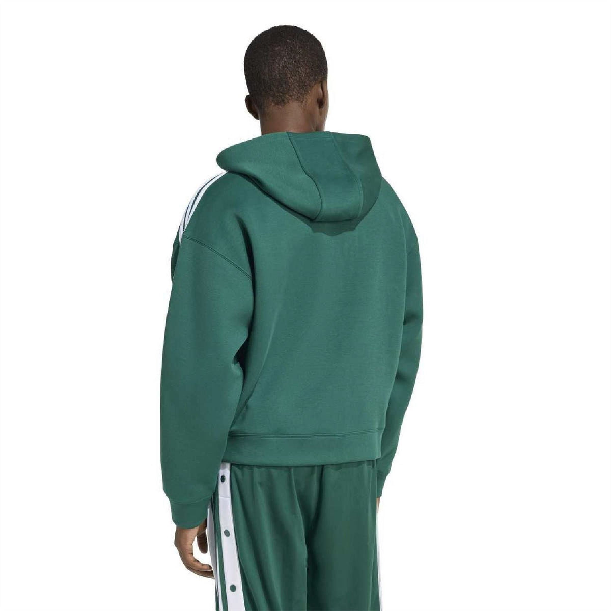 Green hooded zip sweatshirt from the back with drawstring hood and rear pocket detail