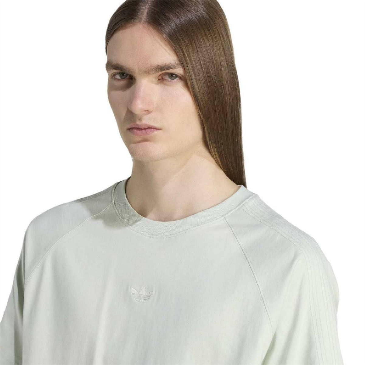 adidas Originals crew neck raglan jersey T-shirt, light green, close-up of neckline and logo