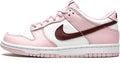 Pink and white low-top sneakers with dark maroon Swoosh and lace-up front