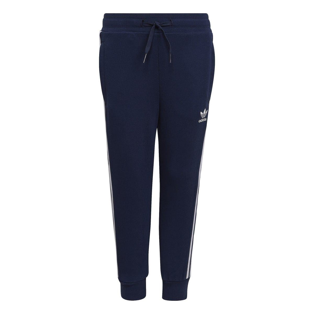 Kids navy adidas joggers with elastic waistband, drawstring, and small thigh logo