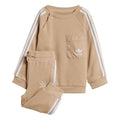 Beige infants adidas Originals crewneck set with logo pocket and matching jogger pants