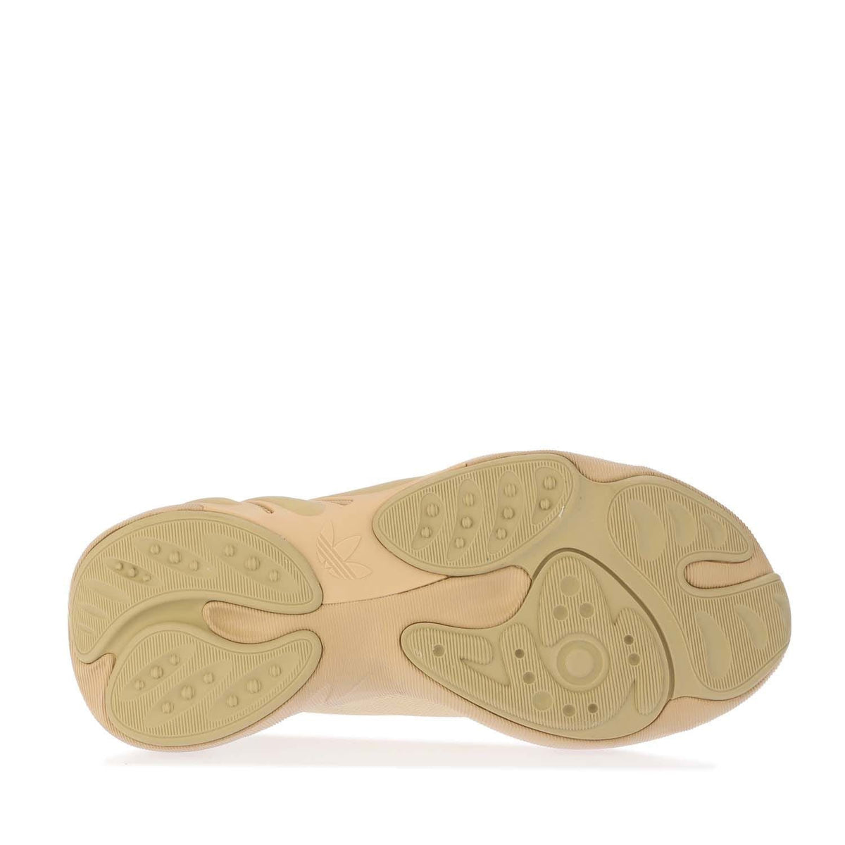 Beige outsole with circular traction pods and textured tread pattern
