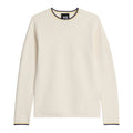 Cream knit long-sleeve crewneck top with navy and yellow trim at collar and cuffs