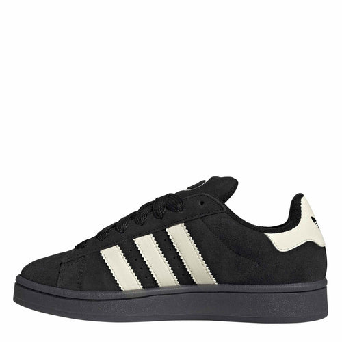 Black Adidas Originals Campus-style sneaker with cream three stripes on side, lace-up