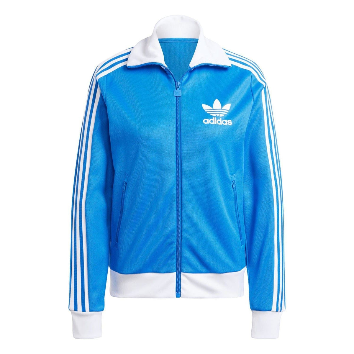 Blue adidas track jacket with white adidas trefoil, stand collar, and triple sleeve stripes