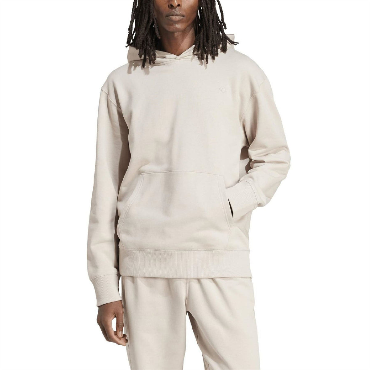 adidas Originals beige pullover hoodie with kangaroo pocket and ribbed hem