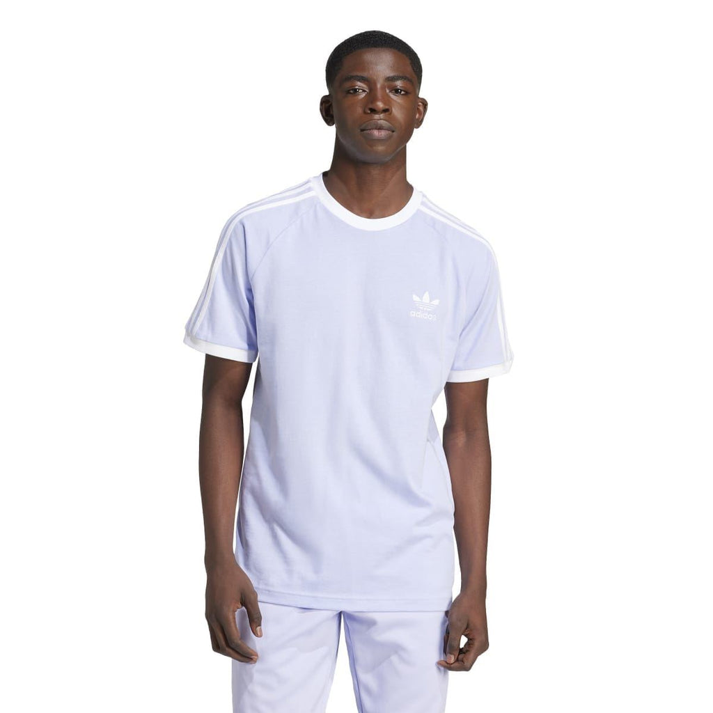Lavender adidas Originals Adicolor 3-Stripes T-shirt worn by model, crew neck, chest logo