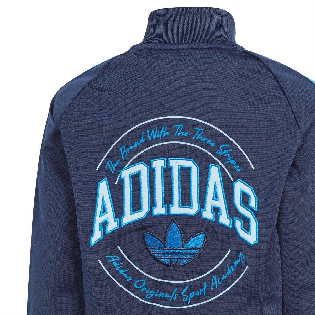 Indigo adidas tracksuit jacket back with large adidas logo graphic