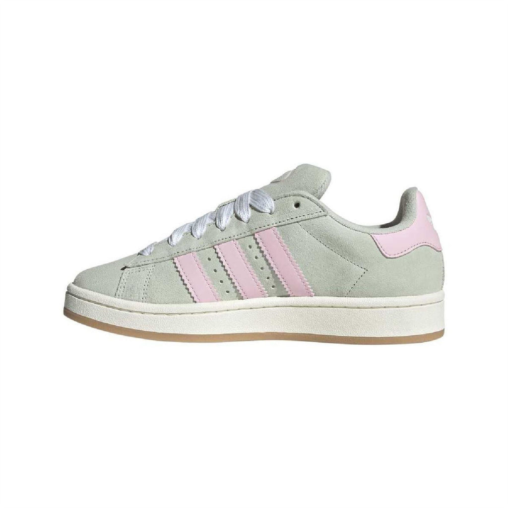 adidas Campus 00s trainers, pale green suede with pink stripes and heel, white laces