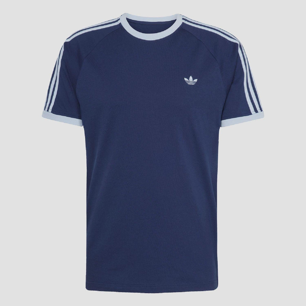Indigo adidas Originals crew-neck T-shirt with white shoulder stripes and chest trefoil
