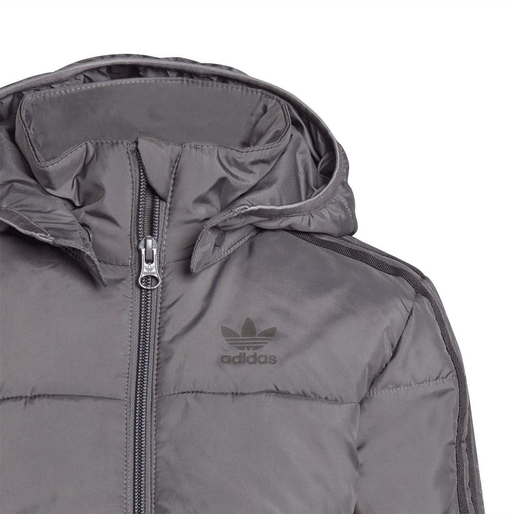 Dark grey hooded padded jacket detail with adidas logo and zipper